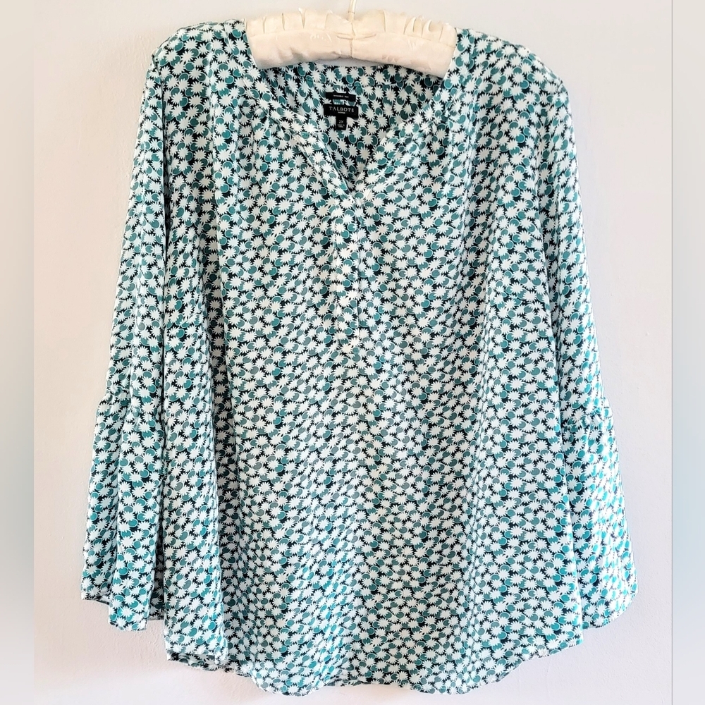 Talbots SILK Teal Floral Split-Neck Blouse